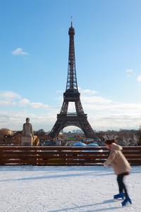 woman are skating, Eiffel Tower in winter at Paris, France